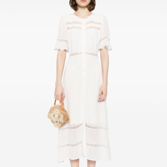 Reformation Short Sleeve Lace Trim Midi Dress White 2 - Picture 1 of 9